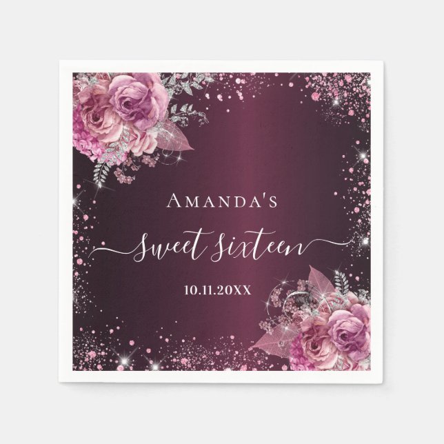 Sweet 16 burgundy pink florals name script napkins (Front)