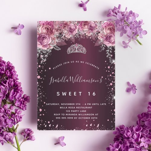 Sweet 16 burgundy pink glitter floral tiara invitation