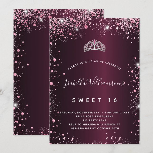 Sweet 16 burgundy pink glitter tiara invitation (Front/Back)