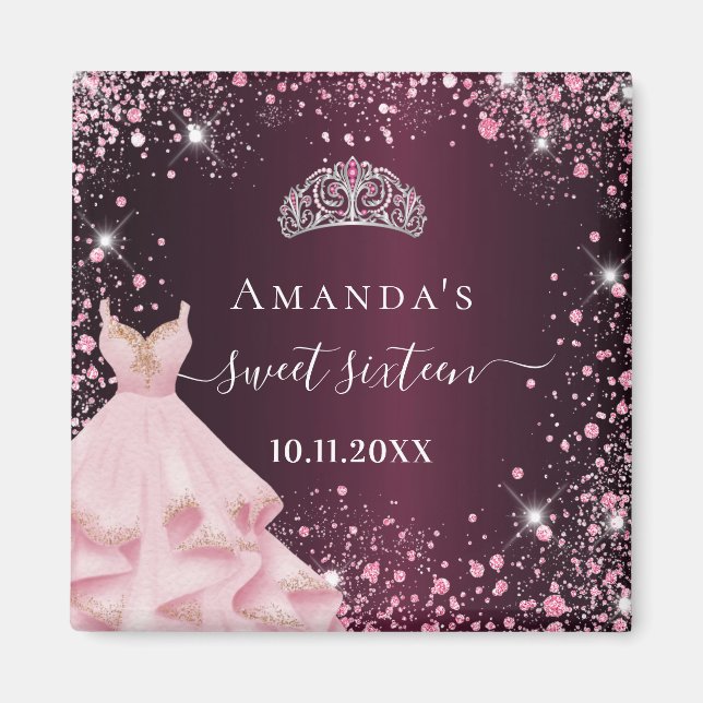Sweet 16 burgundy pink tiara dress glitter dust magnet (Front)