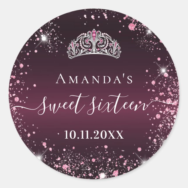 Sweet 16 burgundy pink tiara name script classic round sticker (Front)