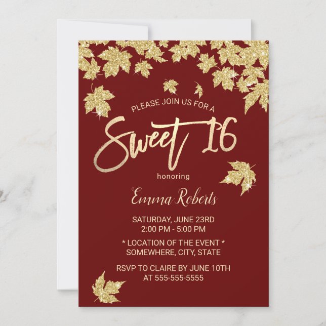 Sweet 16 Burgundy Red Modern Gold Leaves Invitation (Front)
