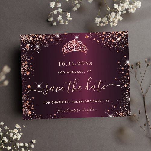 Sweet 16 burgundy rose gold budget save the date flyer