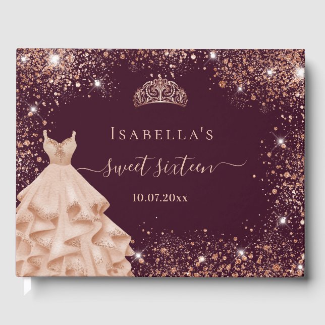 Sweet 16 burgundy rose gold dress tiara name guest book (Front)