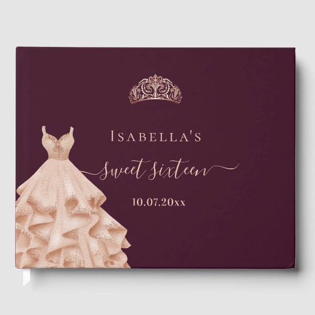 Sweet 16 burgundy rose gold dress tiara name guest book (Front)