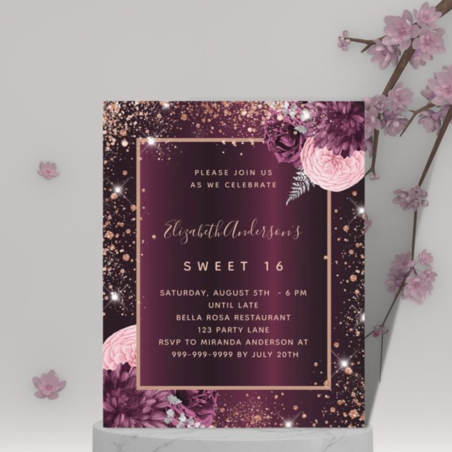Sweet 16 burgundy rose gold floral invitation (Creator Uploaded)