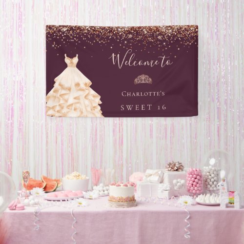 Sweet 16 burgundy rose gold glitter banner