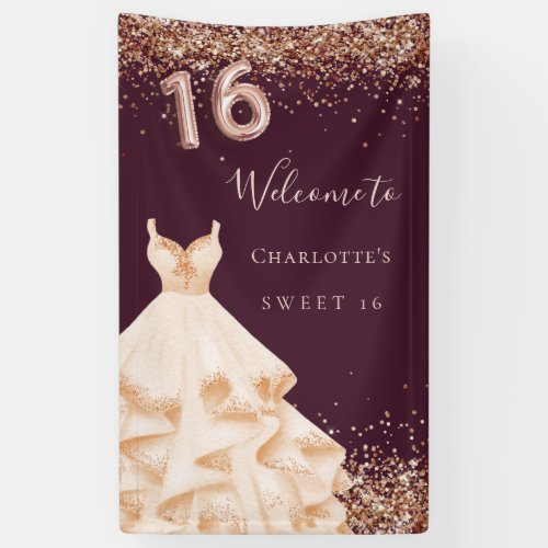 Sweet 16 burgundy rose gold glitter dust dress banner