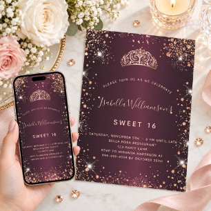 Sweet 16 burgundy rose gold glitter dust tiara invitation
