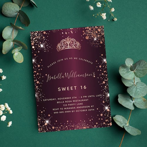 Sweet 16 burgundy rose gold glitter dust tiara invitation