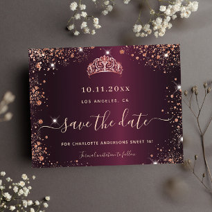 Sweet 16 burgundy rose gold glitter dust tiara invitation postcard