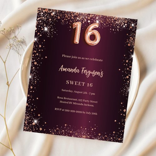 Sweet 16 burgundy rose gold glitter invitation