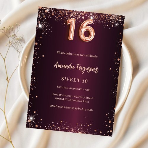 Sweet 16 burgundy rose gold glitter invitation