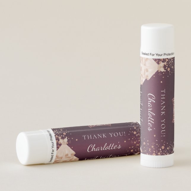 Sweet 16 burgundy rose gold glitter tiara dress lip balm (Front)