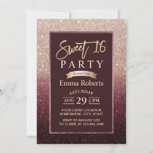 Sweet 16 Burgundy & Rose Gold Ombre Birthday Invitation