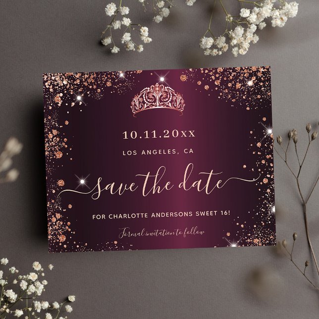 Sweet 16 burgundy rose gold save the date card (Creator Uploaded)