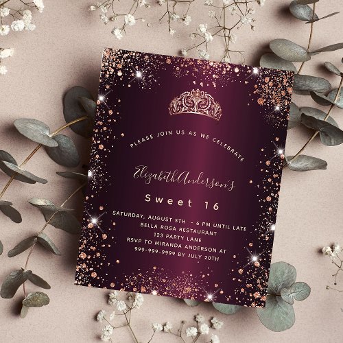 Sweet 16 burgundy rose gold tiara invitation