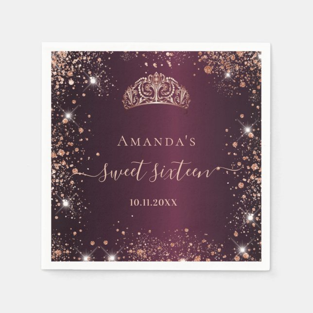 Sweet 16 burgundy rose gold tiara name napkins (Front)