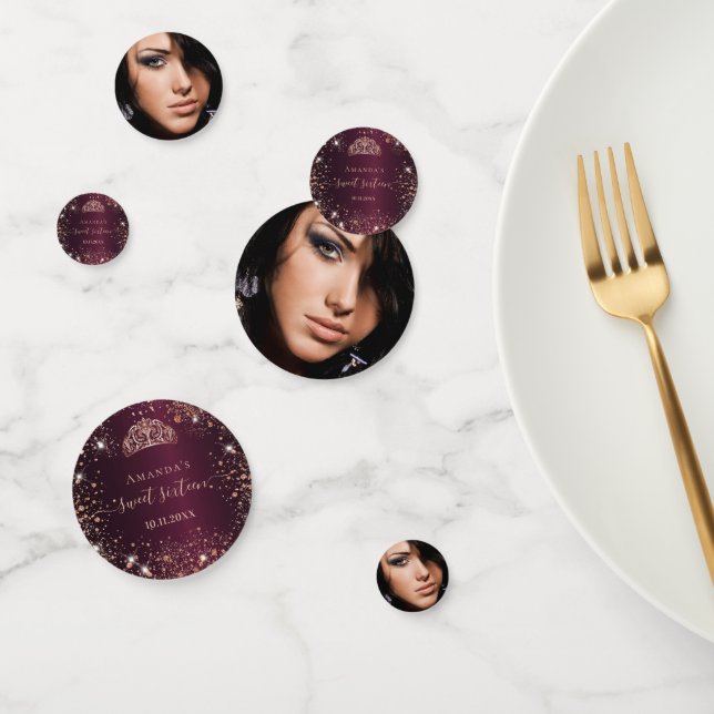 Sweet 16 burgundy rose gold tiara name photo  confetti (Group)