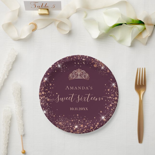Sweet 16 burgundy rose gold tiara name script paper plates (Wedding)