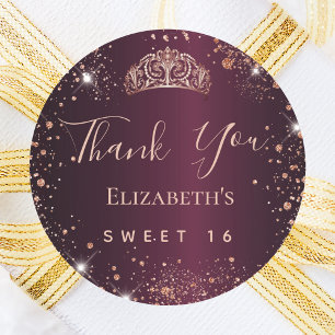 Sweet 16 burgundy rose gold tiara thank you classic round sticker
