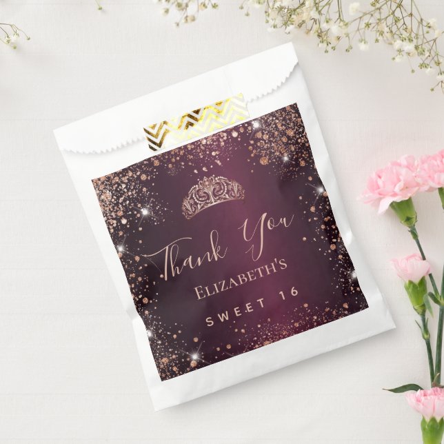 Sweet 16 burgundy rose gold tiara thank you favor bag (Sealed)