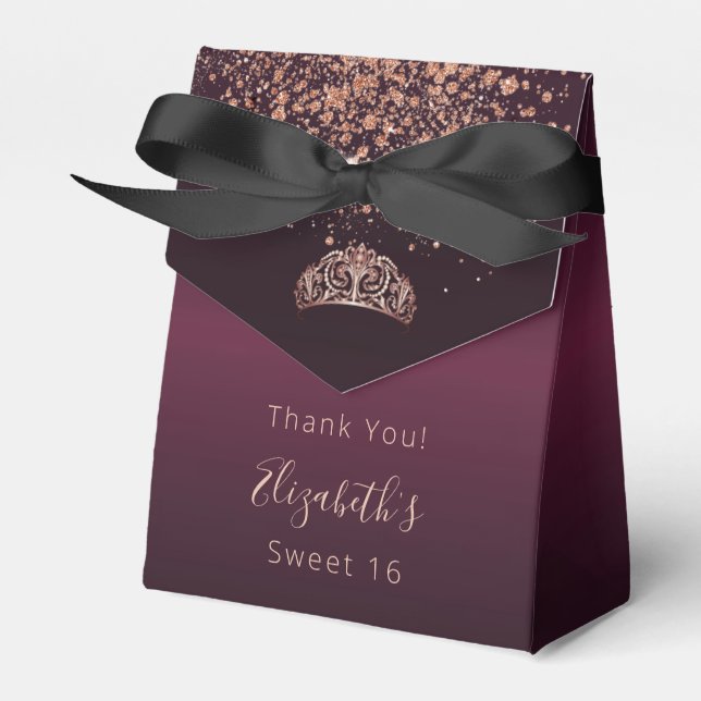 Sweet 16 burgundy rose gold tiara thank you  favor boxes (Front Side)