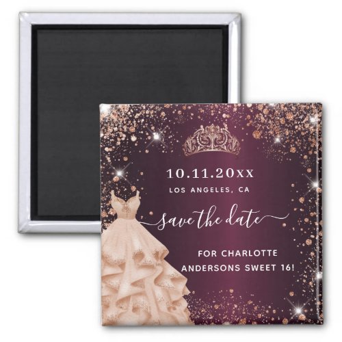 Sweet 16 burgundy tiara dress gold save the date magnet