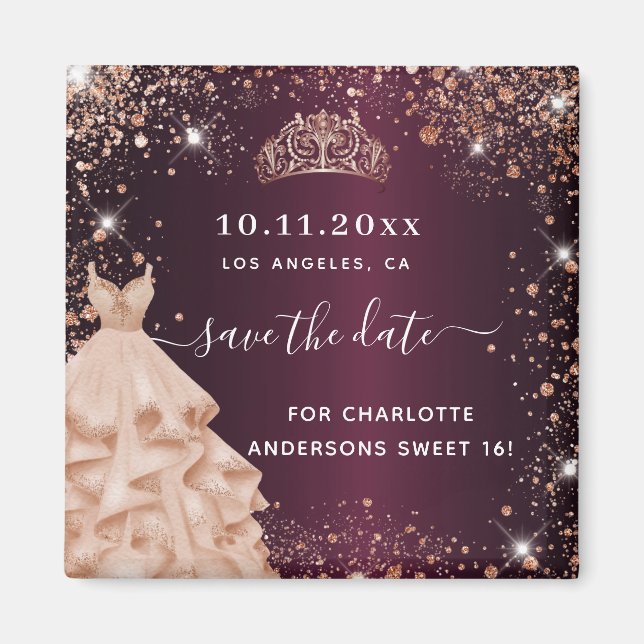Sweet 16 burgundy tiara dress gold save the date magnet (Front)