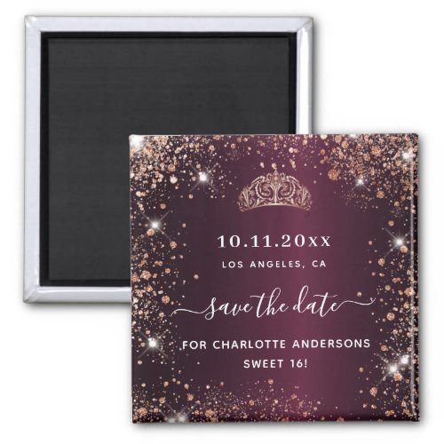 Sweet 16 burgundy tiara rose gold save the date magnet