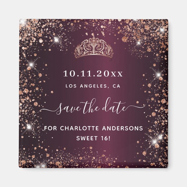 Sweet 16 burgundy tiara rose gold save the date magnet (Front)