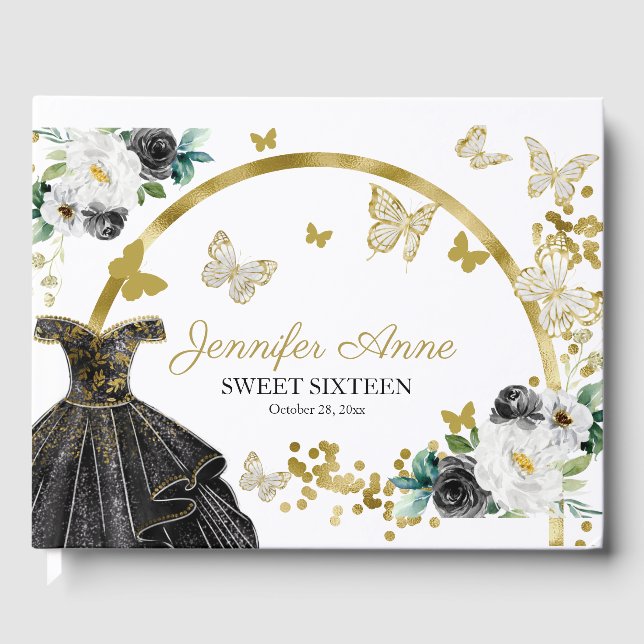 Sweet 16 Butterfly Flowers Black Gold Dress Guest Book (Front)
