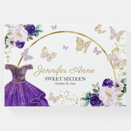 Sweet 16 Butterfly Flowers Purple Dress Guest Book