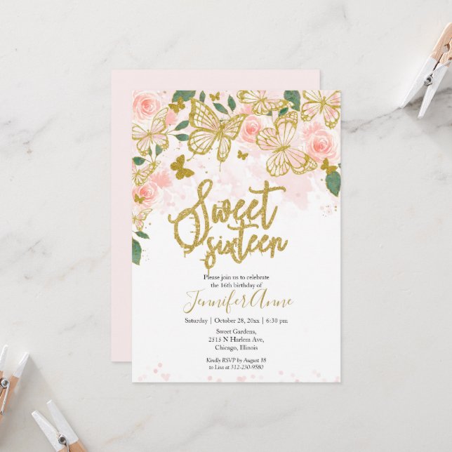 Sweet 16   Butterfly Invitation Blush Floral Gold (Front/Back In Situ)