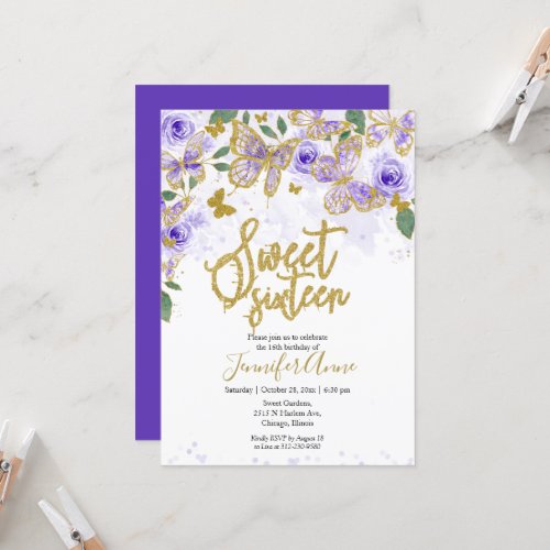 Sweet 16 Butterfly Invitation Purple Floral Gold