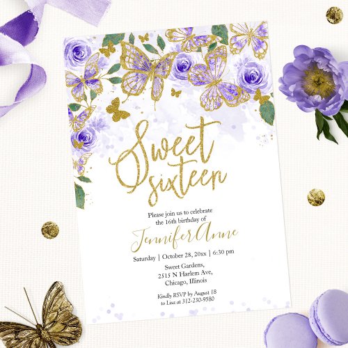 Sweet 16 Butterfly Invitation Purple Floral Gold