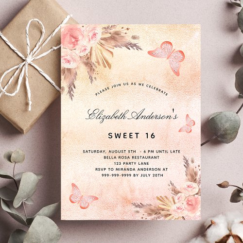 Sweet 16 butterfly pampas grass blush invitation