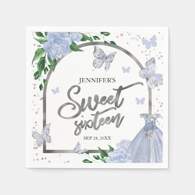 Sweet 16 Butterflys Dusty Blue Blush Gown Napkins (Front)