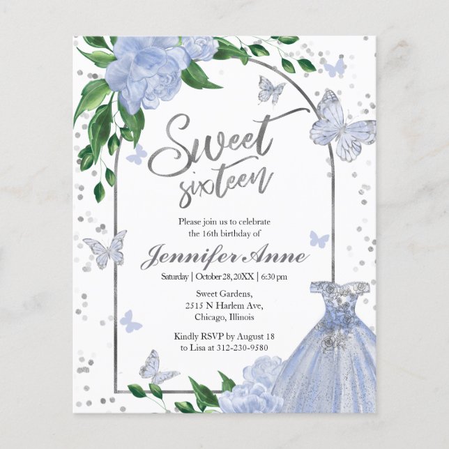 Sweet 16 Butterflys Dusty Blue Budget Invitation (Front)