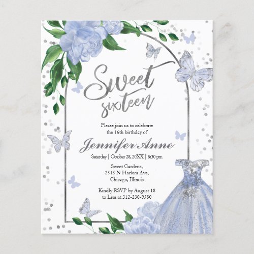 Sweet 16 Butterflys Dusty Blue Budget Invitation