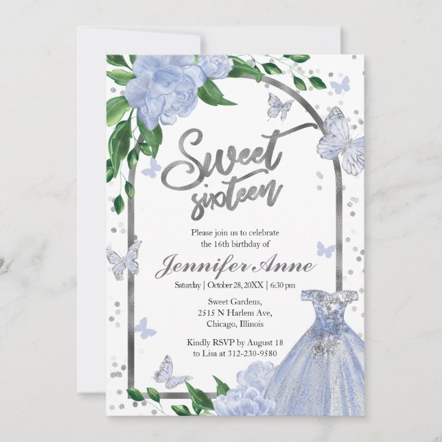 Sweet 16 Butterflys Dusty Blue Gown Invitation (Front)