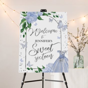 Sweet 16 Butterflys Dusty Blue Gown Welcome Sign by LitleStarPaper at Zazzle