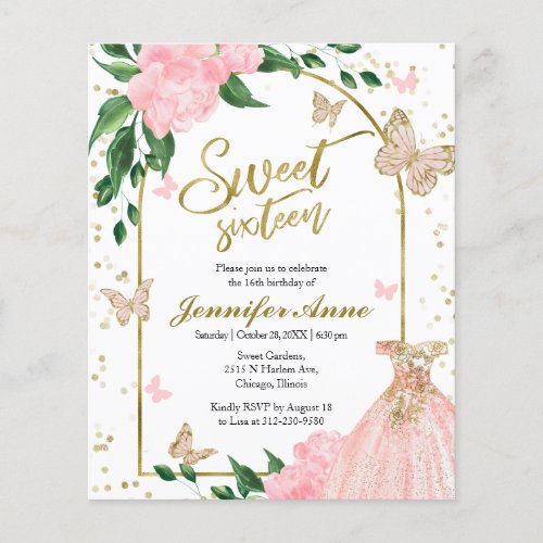 Sweet 16 Butterflys Dusty Pink Budget Invitation