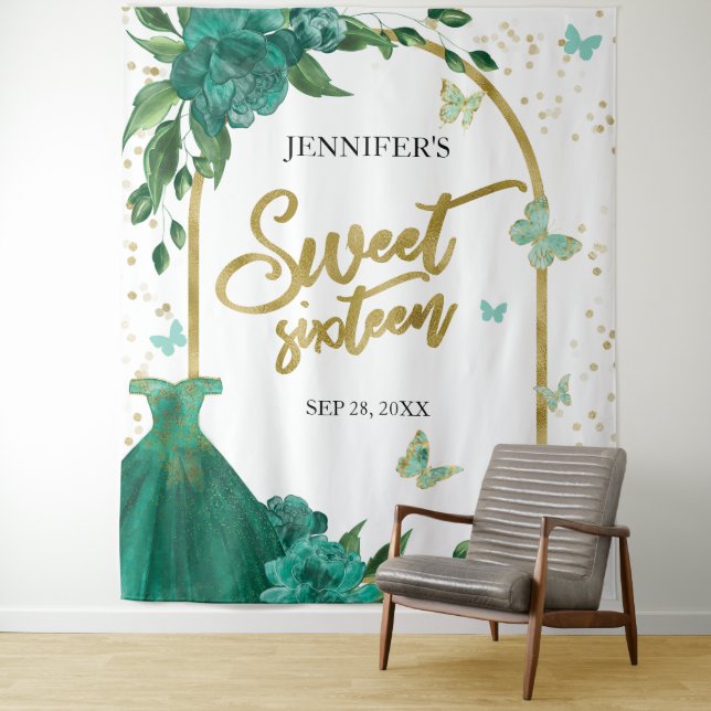 Sweet 16 Butterflys Emerald Green Gown Backdrop (In Situ)