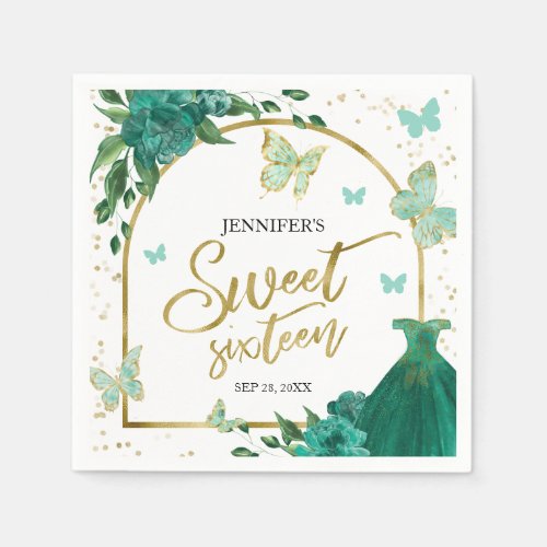 Sweet 16 Butterflys Emerald Green Gown Napkins