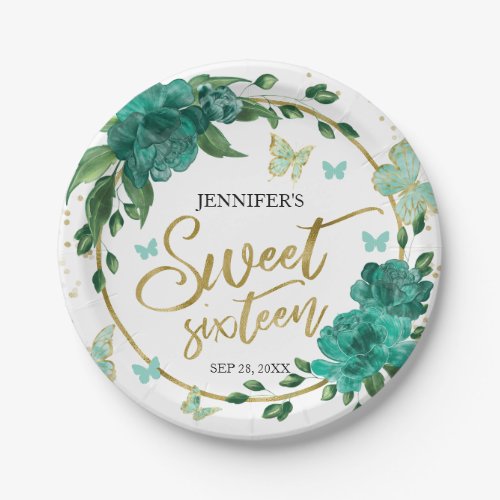 Sweet 16 Butterflys Emerald Green Gown Paper Plates