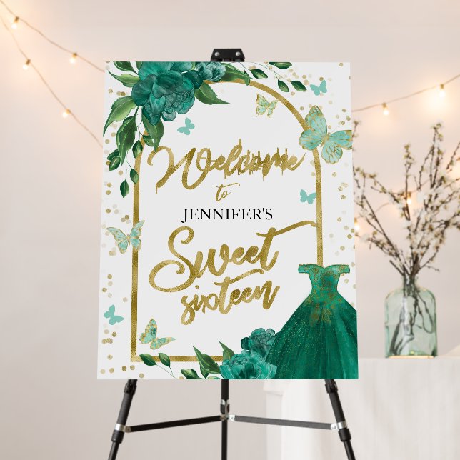 Sweet 16 Butterflys Emerald Green Welcome Sign (In Situ (Stand))