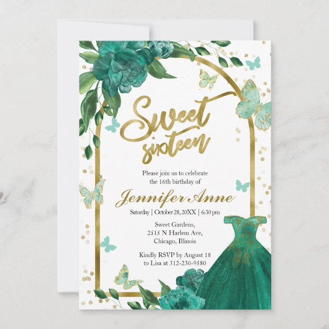 Sweet 16 Butterflys Green Blush Gown Invitation (Front)