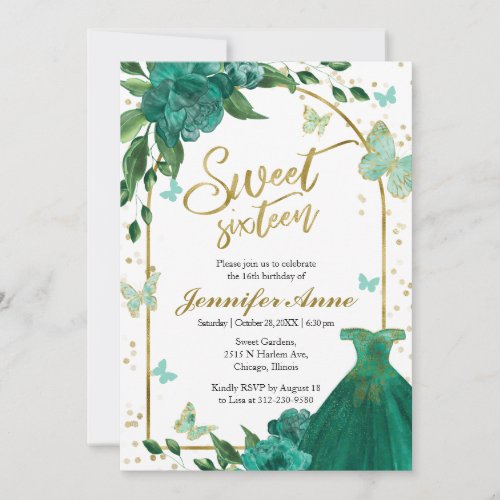 Sweet 16 Butterflys Green Blush Gown Invitation