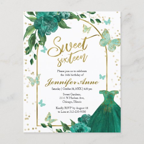 Sweet 16 Butterflys Green Budget Invitation